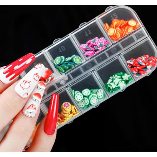 1Box12 Grid Nail Soft Clay Fruit Decoration Mixed Set Watermelon Strawberry Cherry Mini Flower Nail Art Accessories DIY
