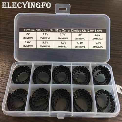 10Values x50 500pcs LL34 1/2W SMD Zener Diode Assortment Electronic kit 2V-5.6V With storage Box