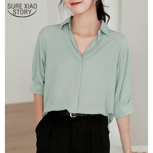 Blusas Plus Size V-neck Chiffon Shirt 2021 New Summer Short Sleeve Women Casual Loose Women Blouse Solid Pullover Clothing 10183