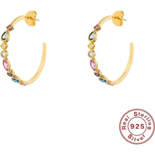 BOAKO 925 Sterling Silver Colorful Crystal Circle Hoop Earring Rainbow Zircon C Shape Piercing Earring Women Luxury Jewelry Gift