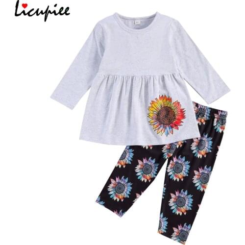 Baby Print Kids Girls 2-piece Outfit Set Long Sleeve Sunflower Print Top+pants Set for Children Baby Girls 2-7 Years