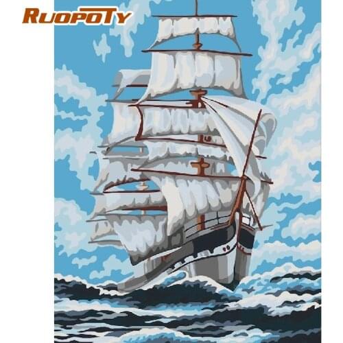 RUOPOTY DIY Picture By Number Kit For Adults Children Ship Sail On Ocean Scenery Oil Paint Handmade DIY Gift 40x50cm Frame Paint