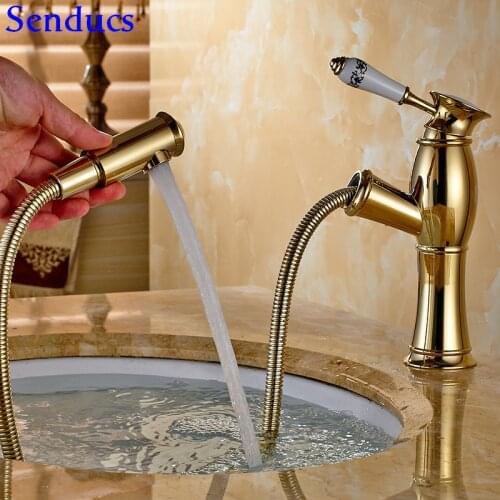Senducs Gold Pull Out Bathroom Mixer Tap European Style Pull Down Gold Basin Sink Faucet Quality Brass Basin Mixer Faucet