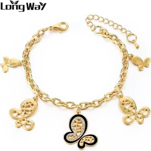 LongWay Gold Color butterfly Shape Charm Bracelet & Bangle Crystal Bracelets For Women Brand New Jewelry SBR160321