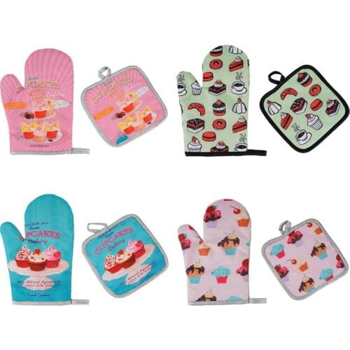 2 Piece Set Dessert Pattern Oven Mitts Potholders Kitchen Oven Bbq Gloves Anti-scalding Insulation Microwave Gloves For Baking