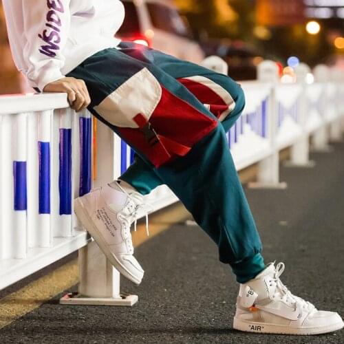 Casual Joggers Pants Japanese Streetwear Cargo Pants 2021 Color Block Harem Pants Side Striped Sweatpants Patchwork