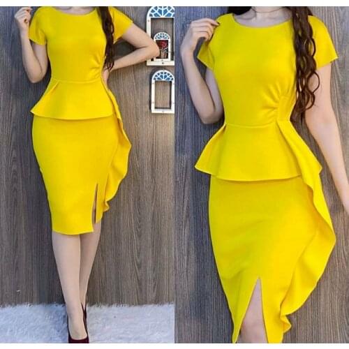 Short Yellow Satin Prom Dresses with Ruffles Robe De Soiree Formal O-Neck Party Dresses for Women