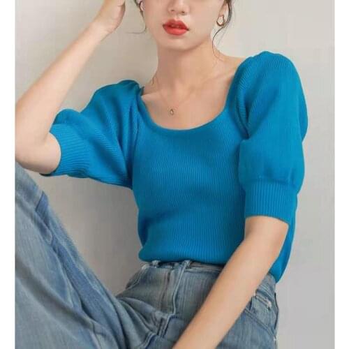 Vintage Knitted Short T Shirt Women Black 2021 Fashion Square Collar Summer Tops Blue Tshirt Tee Shirt Femme Camisetas Mujer