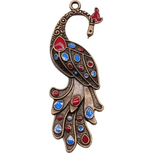 WYSIWYG 2pcs Charms Jewelry Findings DIY Accessories Peacock Pendant Antique Bronze Plated 60x23mm