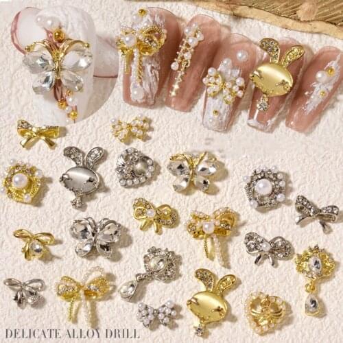 Japanese Nail Art Accessories Alloy Pearl Bow Rabbit Heart Metal Butterfly Nail Rhinestone Decoration Pendant Nail Jewelry
