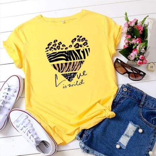 Summer 100% Cotton Women Tshirt Plus Size Short Sleeve Leopard Heart Print Fashion Graphic Shirts Female Vintage Casual Tee Tops