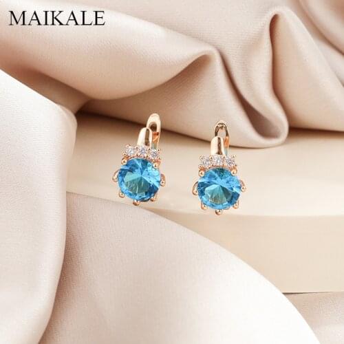 MAIKALE Classic Round Crown Design MultiColor Zirconia Small Stud Earrings for Women Jewelry Wedding Party Gifts High Quality