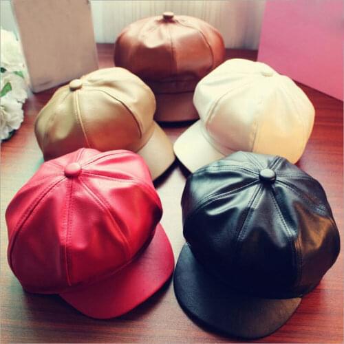 Women Leather Beret with Brim Octagonal Beret Cap Hat Gatsby Newsboy Peaked Hats Autumn and Winter Street Style