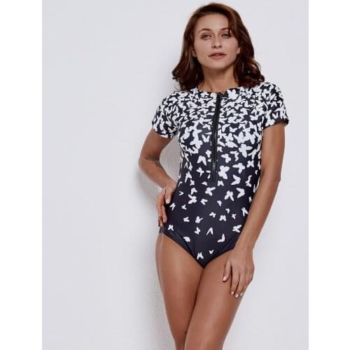 Womens Zip Front Printed Surfing Bathing Suit Short Sleeve 1 Piece Swimsuit Mid Waist Bikini Bottom Monokini Rash Guards Wetsuit