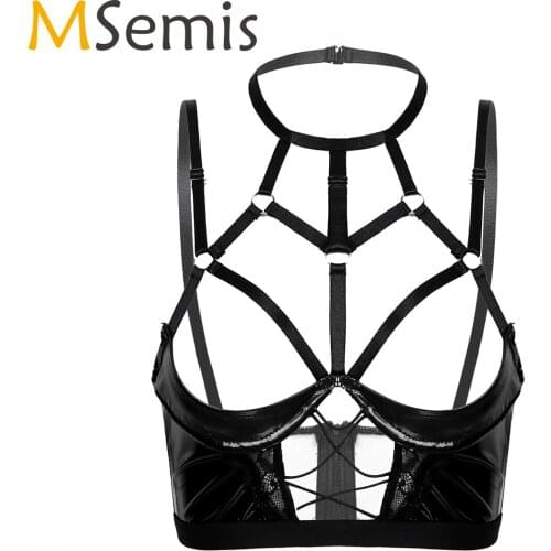 Womens Lingerie Open Cup Nipples Hole Bra Tops Halter Neck Tanks Hollow Out Leather Back Zipper Underwire Unlined Brassiere