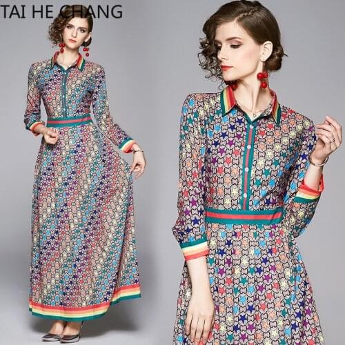 Women Dress New Fashion Retro Spring Summer Elegant Slim Bodycon Vintage Party Runway Print Shirt Office Work Maxi Dresses 0509