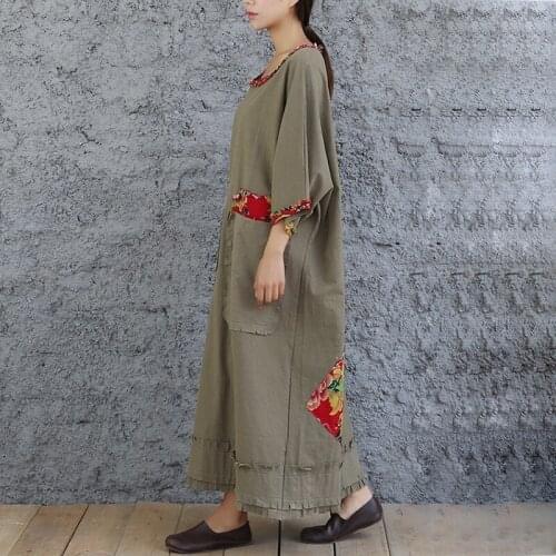 Summer Casual Patchwork Print Women Dress O Neck Three Quarter Batwing Sleeve Pockets Loose Plus Size Female Dresses J1904015