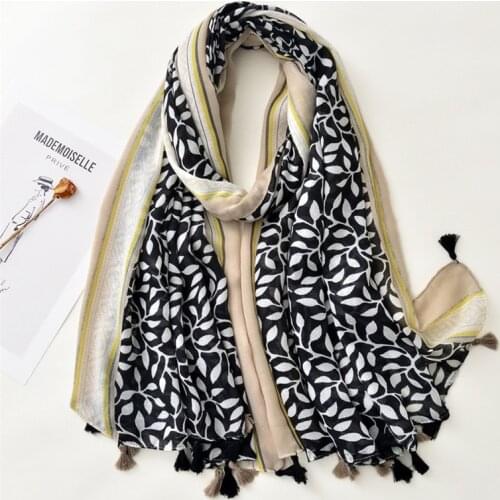 2021 Design Brand Women Scarf Fashion Leaves Floral Tassel Cotton Spring Autumn Warm Wrap Hijabs Lady Pashmina Foulards Bandana