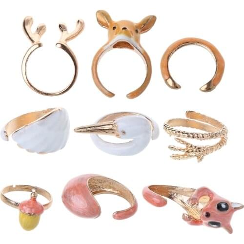 3PCS Stack Enamel Squirrel Elk Swan Animal Ring For Women Open Cuff Rings Set F3MF