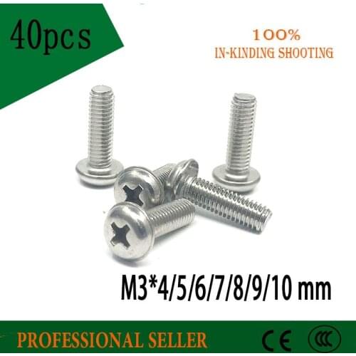 40pcs M2*4/5/6/8/10mm 304 stainless steel round head screws Pan head with pad screw With dental screw