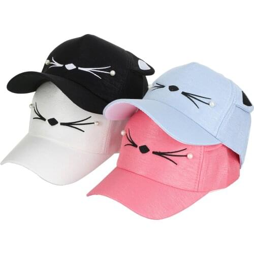 Spring Fashion Street Adjustable Lovely Embroidery Hat Cat Ears Snapback Cap Boy Girl Pearl Baseball Cap