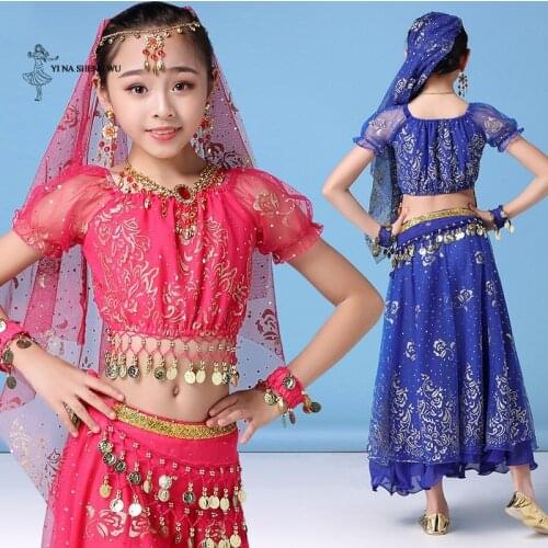 Childern Girl Belly Dance Costume Dress Indian Oriental Dance Sari Bollywood Bellydance Suit Performance kids Coins Top Belt