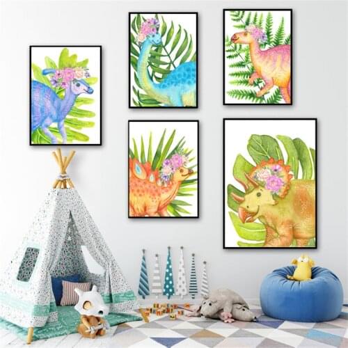 Dinosaur Green Leaf Monstera Flower Wall Art Canvas Painting Nordic Posters And Prints Nursery Wall Pictures Boy Kids Room Decor