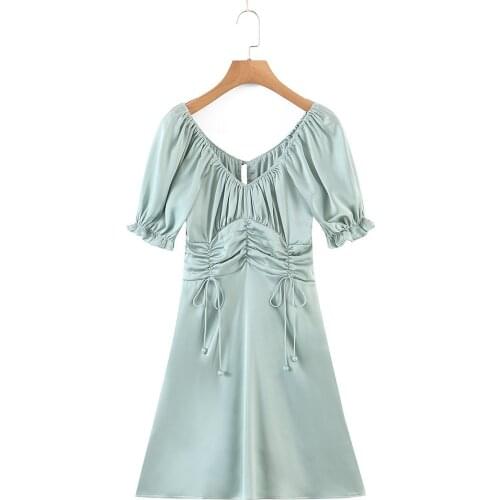 Deep V Retro Plain Green Pleated Waist Ladies Dress Sexy Short Formal Dresses for Women Club Dress Szie S-L