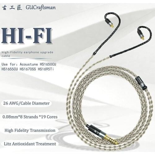 GUcraftsman 6N silver For Acoustune HS 1650CU HS 1655CU HS 1670SS HS1695Ti Headphone upgrade Cable