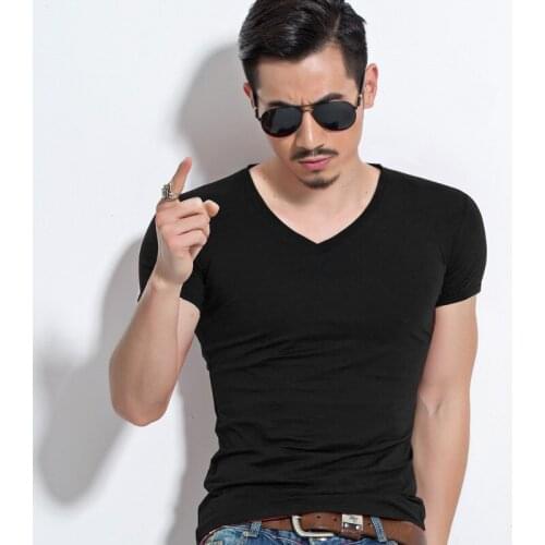 Mens V collar mens T-shirt, cotton tight fitting short sleeved vest, pure cotton pure color wholesale mens T-shirt