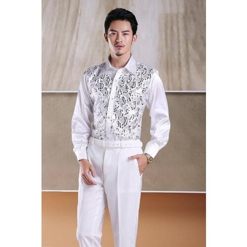 Men Stage Sequin Nightclub Fashion Shirt Lapel Collar Blouse Costume Male Shirts Long Sleeve