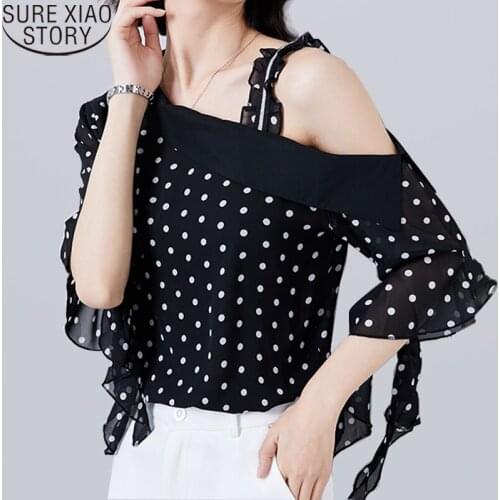 2021 Summer New Off-the-shoulder Polka Dot Women Blouse Korean Sling Tops Vintage Female Blusas Bow Short Sleeve Shirt 14487