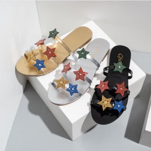 New Characteristic Star Adornments Buckle Flat Heel Lady Sandal Thin Belt Bottom Slipper Candy Color Temperament Small Tound Toe