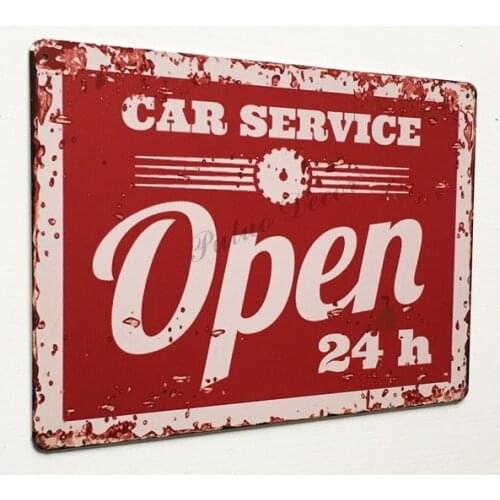 Tin Signs For Car Service Open 24 H Vintage Tin Sign Retro Metal Poster Plaque Shop Store Garage Wall Sign 7.8*11.8inches