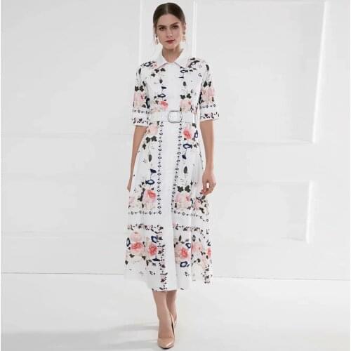 High Qualit Elegant holiday Dress 2020 Summer new arrival Turn-down Collar Bohemian half Sleeve A-Line Mid-Calf Dress