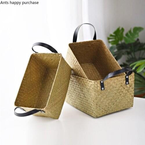 Seaweed Weave Storage Basket Handmade Storage Box with Handle Straw Clothing Finishing Box Rectangle Debris Storage Basket