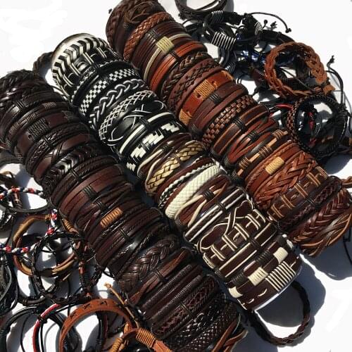 Ramdon 50pcs/lot Wrap Woven Fashion Handmade Men Bracelets Male Women Leather Bracelet Men Bangle Wholesale Jewelry Gift WP15