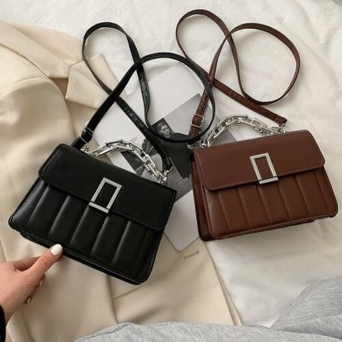 Casual Embroidery Pattern Shoulder Crossbody Bag Women Fashion PU Leather Thick Chain Handle Purse Portable Solid Color Handbags