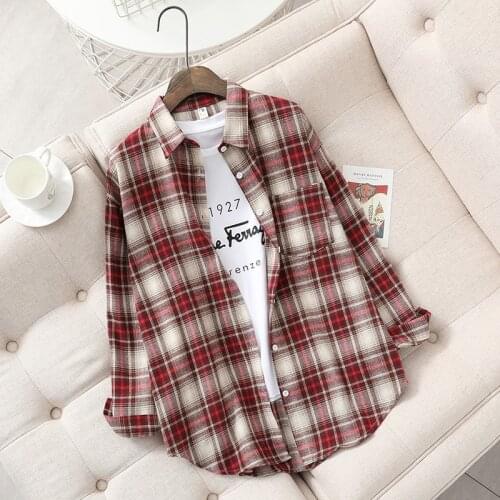 Korean Style Loose Long Sleeve Plaid Shirt Women Cotton Chic Vintage Shirts Ladies Blouses Tops Womens Clothing