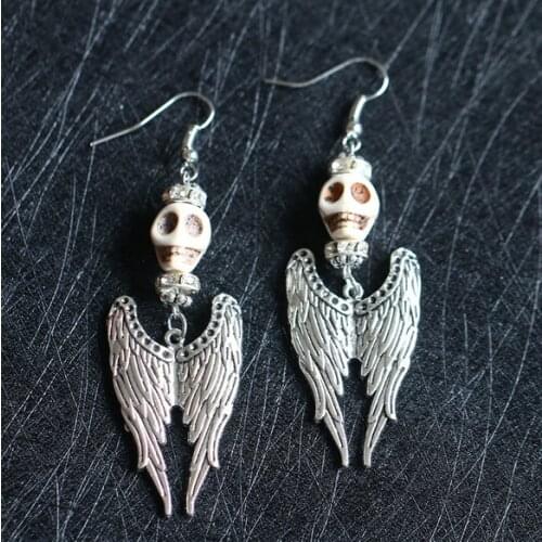 Retro Gothic Style Angel Wing And Coronation Crown Skull Head Drop Earrings,Women Jewelry Halloween Creativity Gift