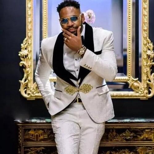 Floral Pattern Groom Tuxedo for Wedding Dinner Slim Fit Men Suits with Black Velvet Lapel 3 Pieces African Fashion Costume 2021