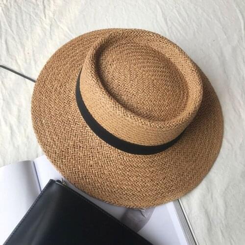 Handmade Straw Beach Hat For Women Summer Holiday Panama Cap Fashion Concave Flat Top Sun Protection Visor Hats Sunshade Cap