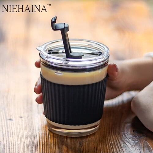 350Ml Glass straw milk coffee cup with lid cold brew milk tea water cup Silicone Water Cup With Lid