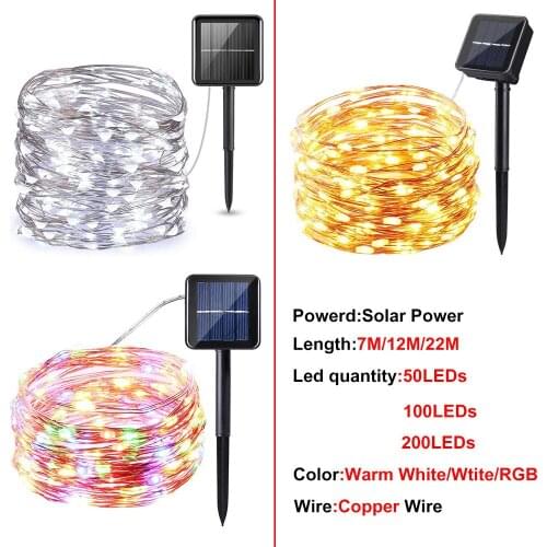 LED Solar String Lights Home Garden Copper Wire USB Christmas Party Holiday Decor Fairy Light Strip Lamp Outdoor Solar Powered