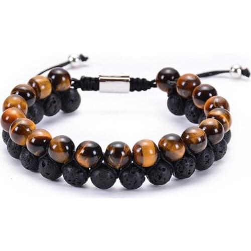 FYJS Unique Handmade Weave 8 mm Round Beads 2 Layer Tiger Eye Stone Wrist Bracelet Ethnic Style Jewelry