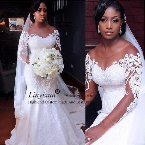 Vintage African Mermaid Wedding Dresses 2020 Latest Long Sleeve Lace Wedding Gowns Black Girl Women Bride Dress Vestido De Noiva