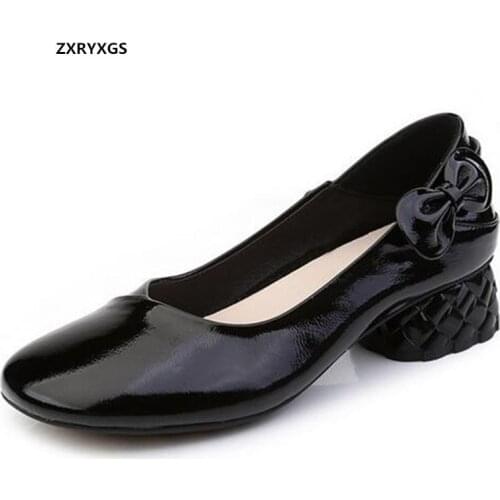 2021 New Top Cowhide Patent Leather Shoes Women High Heel Shoes Comfortable Soft Sole Square Toe Bow Fashion Shoes Big Size 43