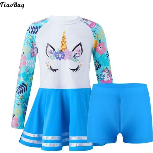 2Pcs Kids Girls Swimsuit Stand Collar Long Sleeves Cartoon Print Dress And Shorts Set Beach Pool Swimming Bathing Rashguard Set