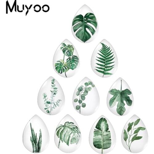 2020 New Green Plants Leaves Painting Tear Drop Glass Dome Printed Photo Jewelry Handcraft DIY Accessories