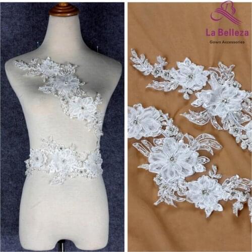La Belleza new 2 pieces white handmade beaded 3D flowers appliques 40*15CM